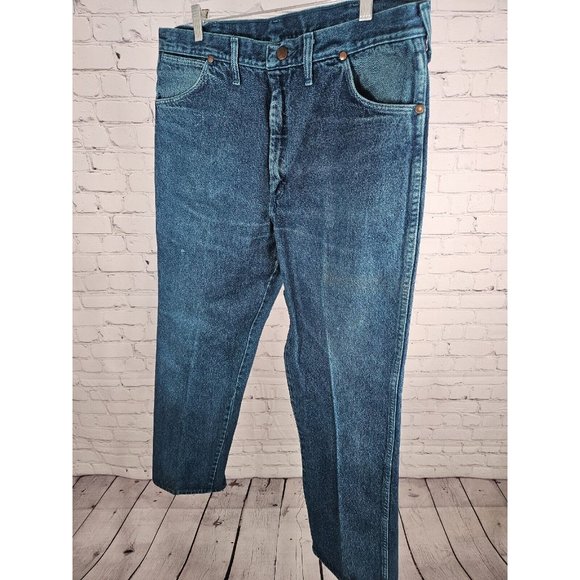 VTG Wrangler Made In USA Blue Green Hand Dyed Straight Leg Jeans Size 36 X 32 - Picture 3 of 11